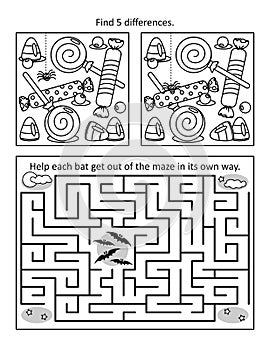 Halloween puzzle page with 2 visual puzzles or picture riddles. Maze, or labyrinth, find differences.Bats and candy. Black and whi